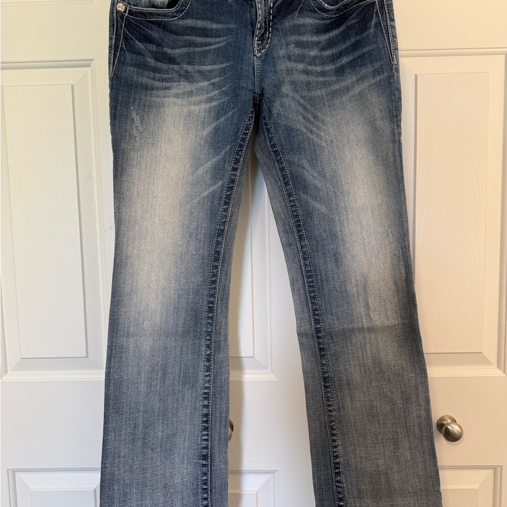 Miss Me Medium to Light Blue Easy Boot Cut Jeans w/Rhinestone Embellishments, 30